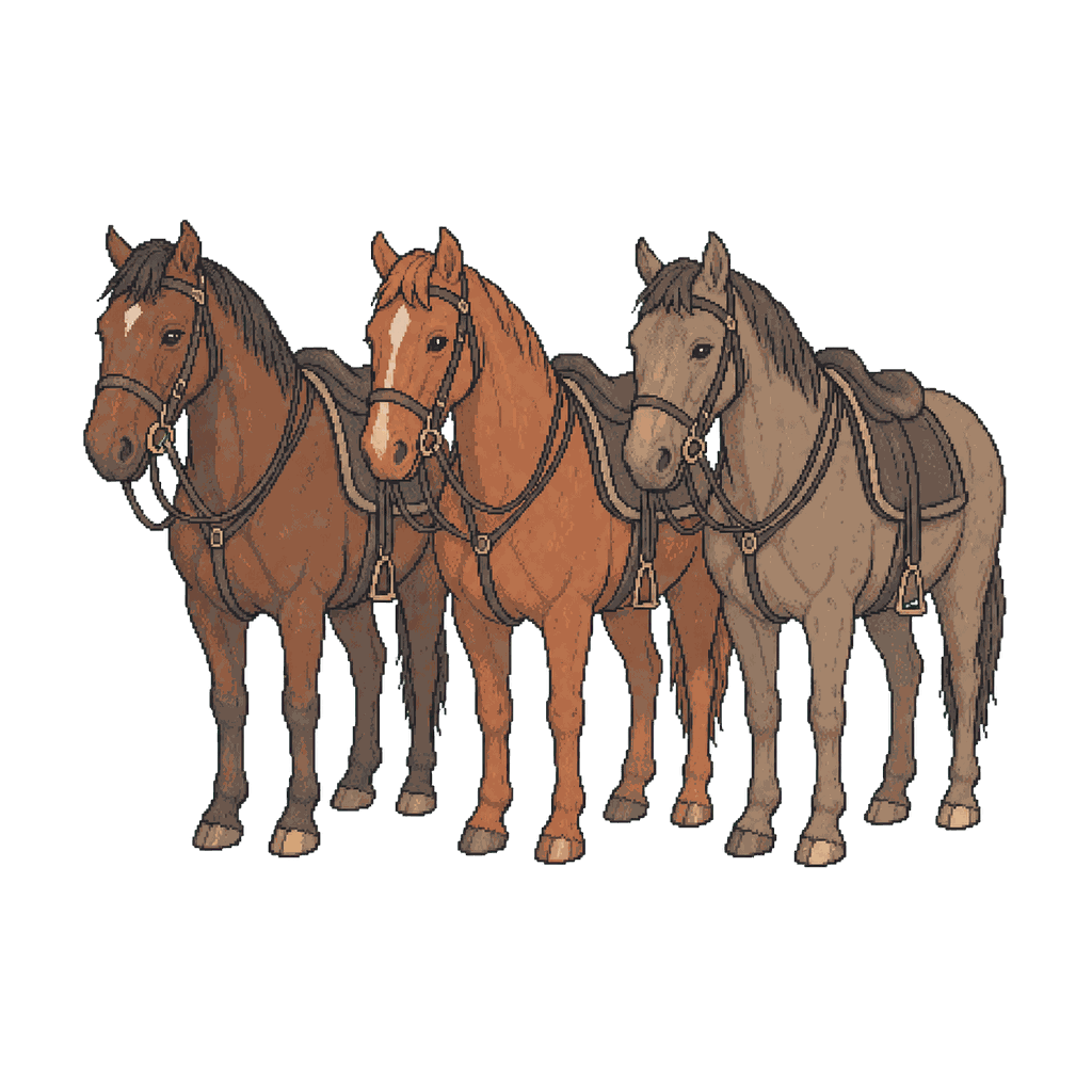 Three military horses wearing plain nineteenth-century cavalry tack, standing together.