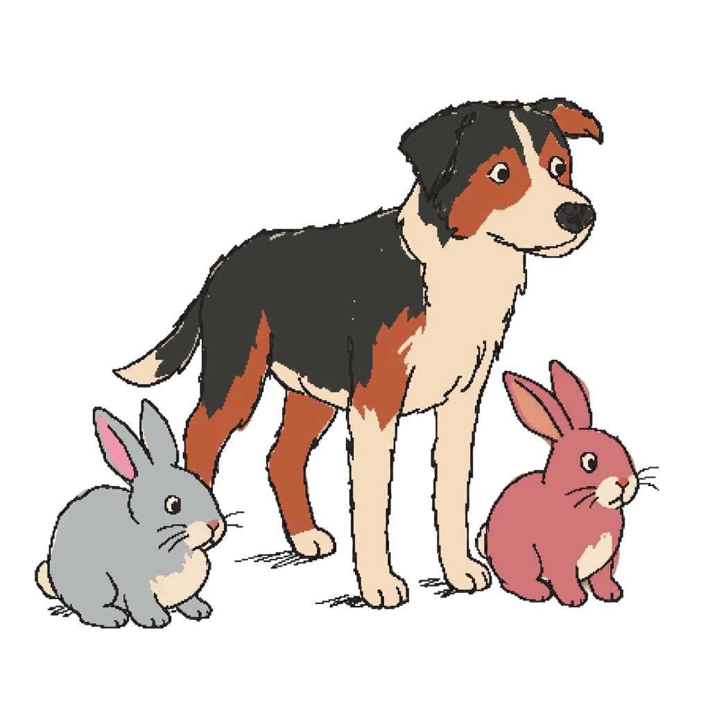 Archive illustration of The Belfast dog and two rabbits, Domestic dog and rabbits.