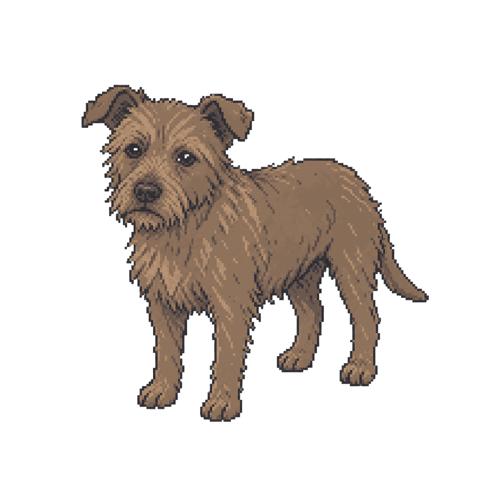 A small rough-coated brown terrier-type mixed dog standing quietly.