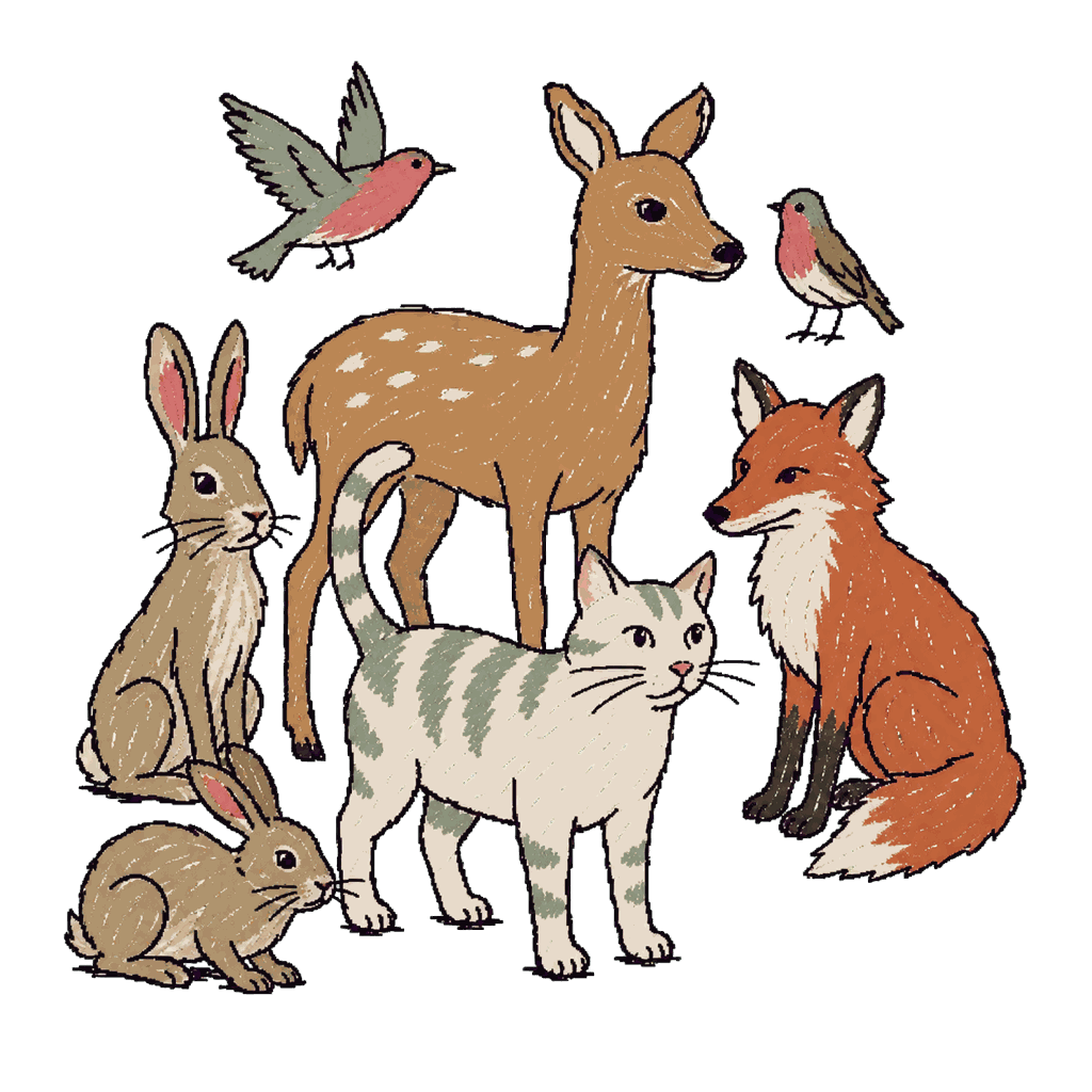Archive illustration of The Fife cat and wild animals, Domestic cat, deer, hares, fox, and birds.