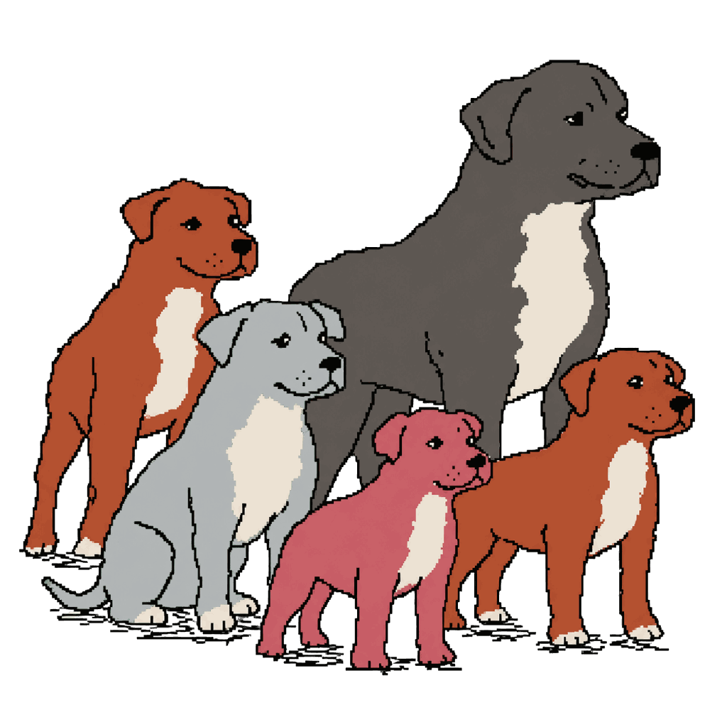 Archive illustration of Nitro and the High Caliber kennel dogs, Domestic dogs.
