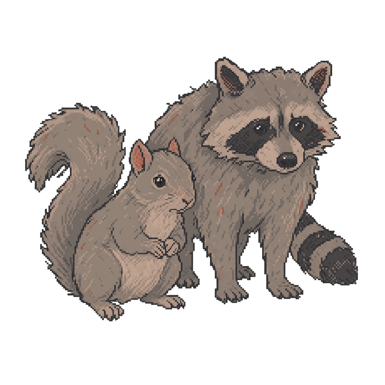 Archive illustration of Peanut and Fred, Eastern gray squirrel and raccoon.